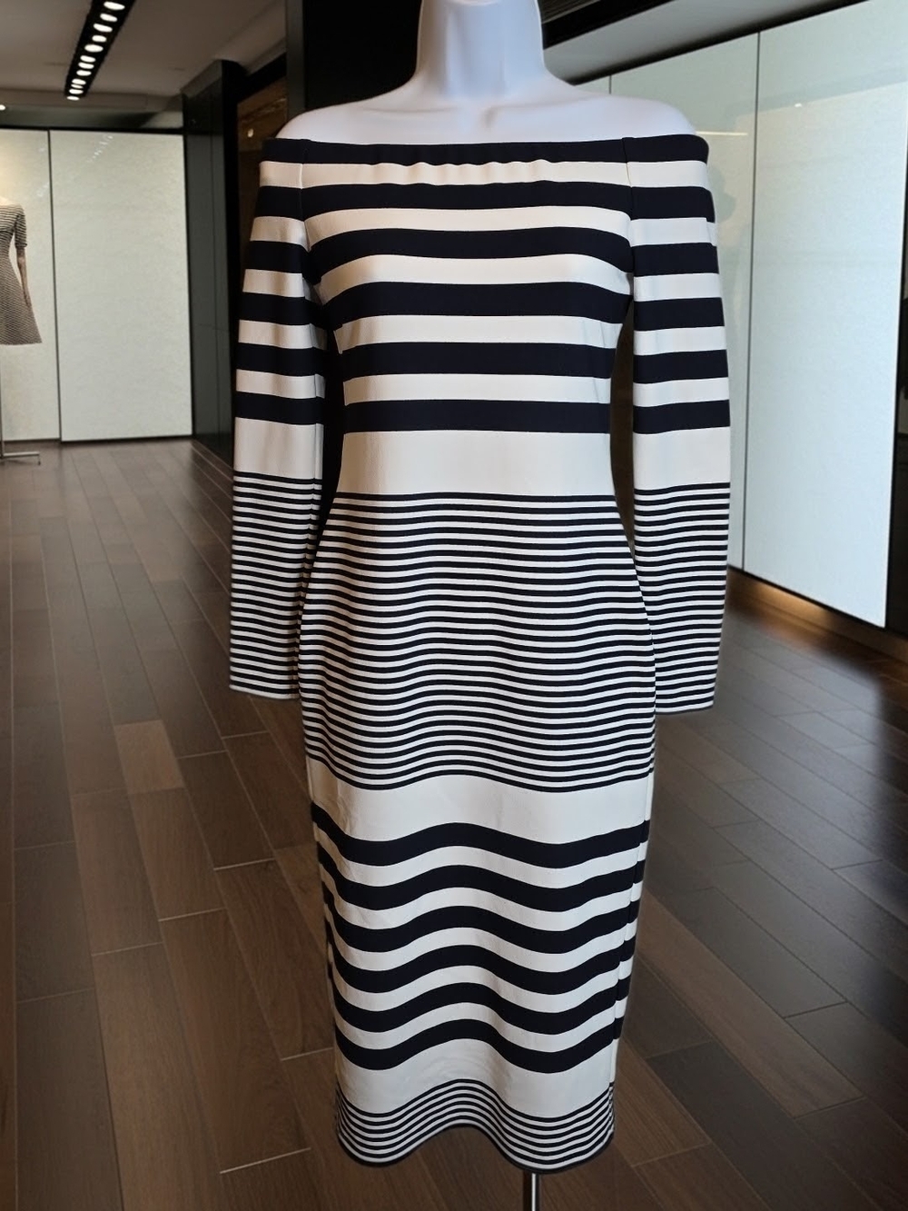 282 Eliza J Off-The-Shoulder Striped Midi Bodycon Dress Long Sleeve